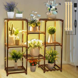 Dreyoo Plant Stand with Grow Lights, Wood Plant Shelf with Full Spectrum Grow Lamp for Indoor Corner, Vintage Multi Layer Lighted Stand for Living Room Balcony Display(8 Potted Shape)
