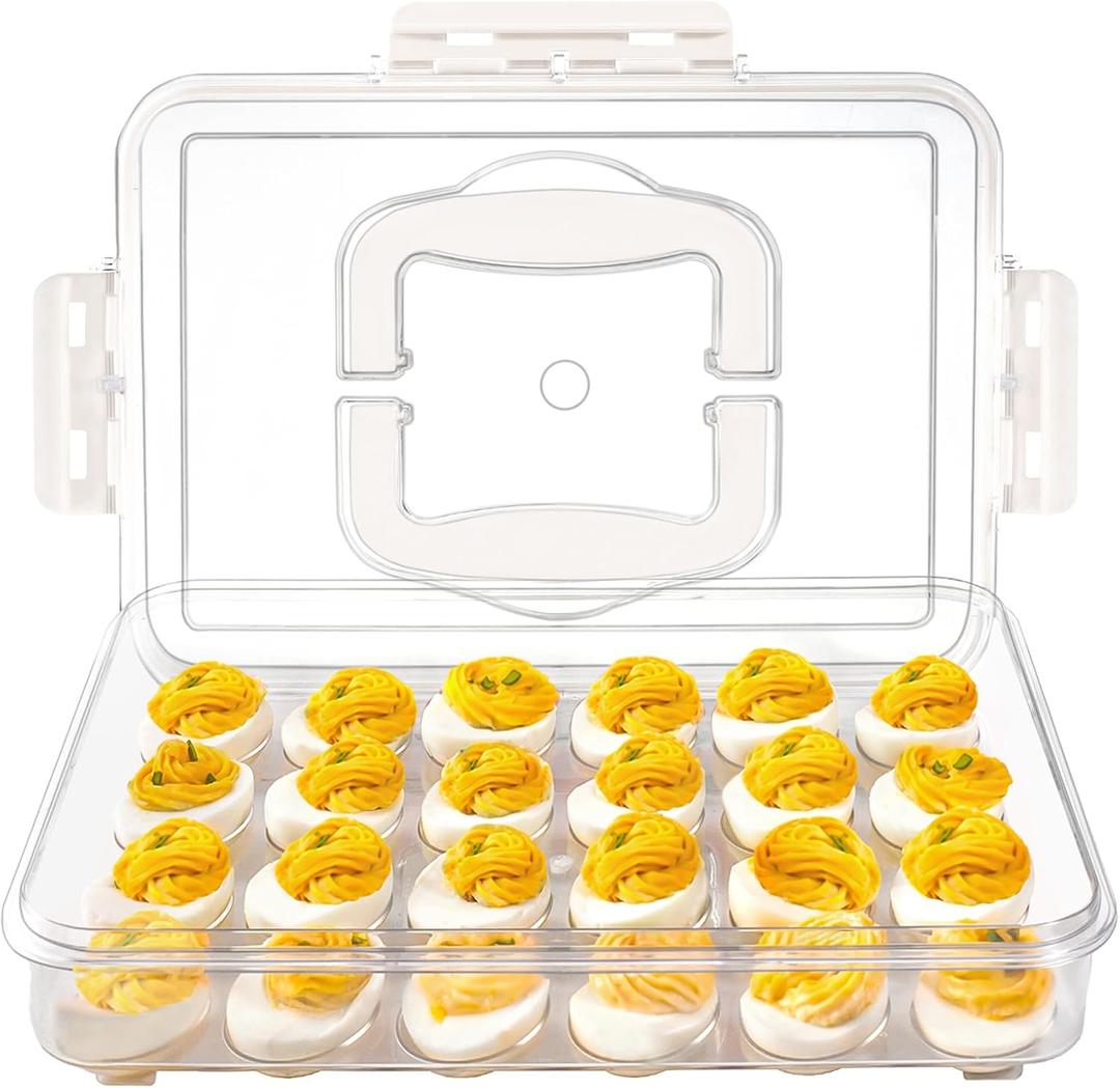MesRosa Deviled Egg Containers with Lid and Handle, Durable Clear Plastic Deviled Egg Carrier Storage 24 Eggs, Stackable Egg Holder for Fridge, Portable Tray Platter for Party & Picnics-1 Pack White
