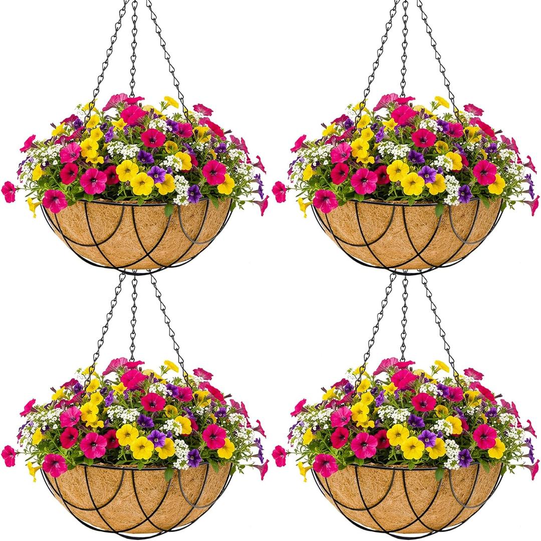 4pcs 14 inch Metal Hanging Baskets Round Wire Plant Stand with Coco Lining Cushion Decorative Planter Hanger Garden Indoor Outdoor Watering Hanging Basket DQ