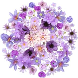 Faux Flower Heads Mini Purple Artificial Flower Heads Fake Flowers Combo with Stems Rose Peony Dahlia Daisy Small Silk Flower Heads for Craft DIY Garland Wedding Party Baby Shower Home Decor, 80Pcs