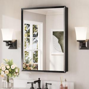 Keonjinn Black Medicine Cabinet Mirror 24" x 32", Assembly Needed, Recessed Medicine Cabinet with Mirror for Bathroom, Beveled Framed, Surface Wall-Mounted or Recessed, Tempered Glass