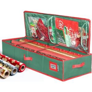 HOLDN STORAGE Premium Wrapping Paper Storage Container - Durable 600D Tear-Proof, Fits 27 Rolls Gift Wrap, Extra Pockets for Ribbons & Bows, Underbed Storage - Ideal for Holiday Christmas, Green