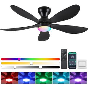 Ceiling Fans with Lights and Remote/APP Control, 44 inch Low Profile Ceiling Fans with Dimmable White Colors and RGB Lighting, 6 Speeds 5 Curved Blades for Kids Room Bedroom Bar, Black