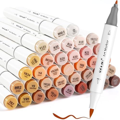 SFAIH Skin Tone Alcohol Markers Brush & Fine - 37 Portrait Color Permanent Markers for Adults/Teen/Artists/Creators, Blendable Art Markers for Coloring Sketch & Drawing & Illustration-Refillable Ink