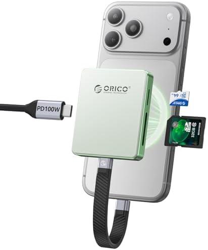 ORICO Magnetic M.2 2230/2242 NVMe SSD Enclosure for iPhone 4K ProRes Recording ith SD/TF 3.0 Card Reader PD100W Charging Port, Support for iPhone 15/16/17 Series Laptop Tablet- Diskless AP42F Green