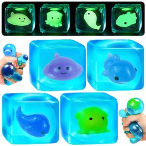 4 Pack Blue Squeeze Cube with Luminous Sea Animals InsideSquishy Stress Fidget Gummy Toys Glow in The Dark Animal Maltose Sensory Toys for Kids Autism , Stress Balls for Anxiety Stress Relief (Small)