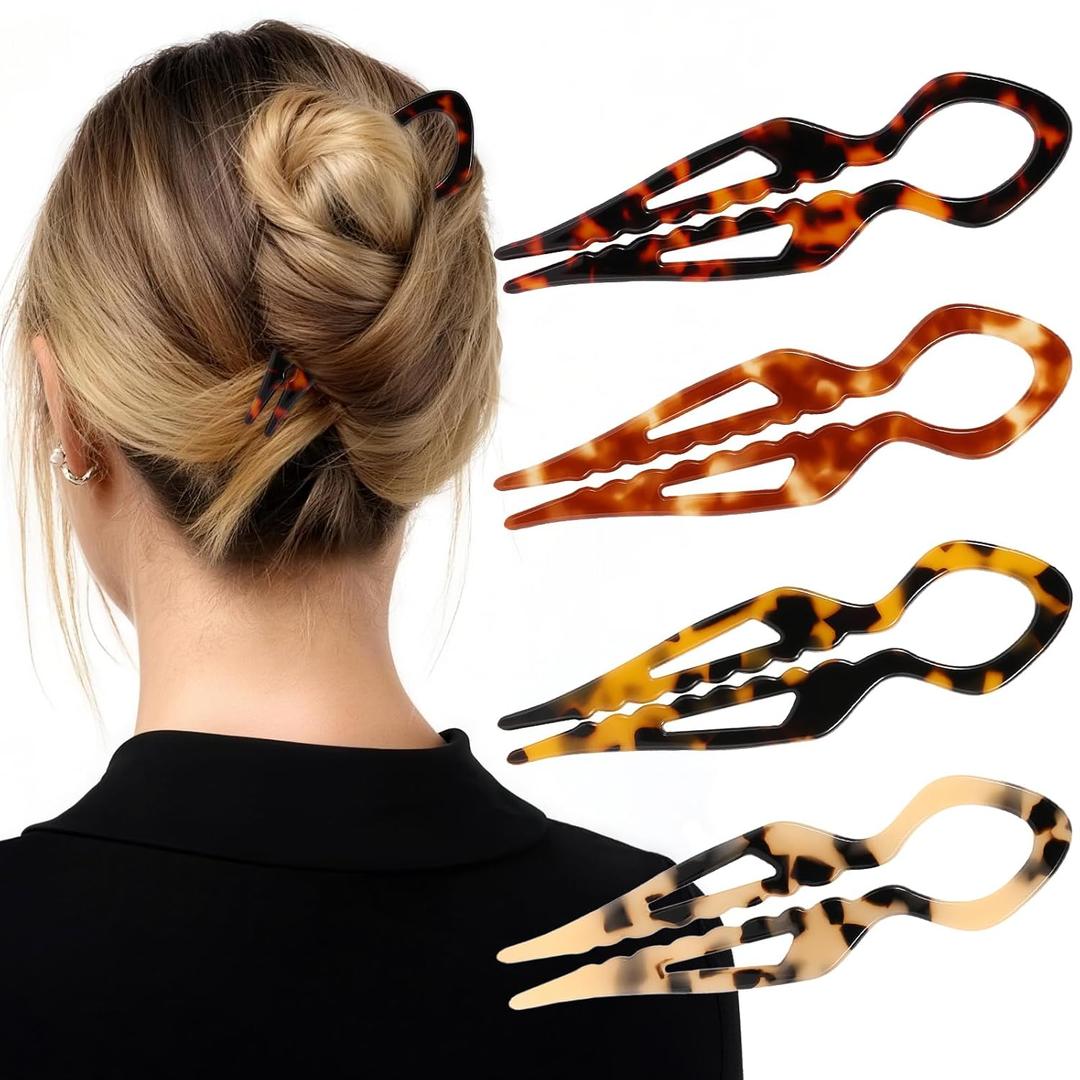 4PCS Prestige French Hair Pins for Women - 4.33 Large Tortoise Shell Hair Pin for Updos Chignons & Buns-Acetate French Twist Pin, Strong Hold Hair Clips All-Day, Hair Styling for Thick Hair