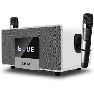 RHM K222 Karaoke Machine, Connect to TV via Optical or Bluetooth, with Powerful Sound, Deep Bass, 2 UHF Wireless Mics & 5 Music Modes, Support AUX/USB/PC, Wooden Karaoke Speaker for Home Party (White)