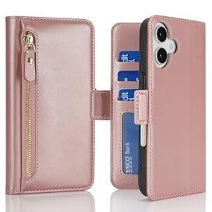 For iPhone 16 Plus Case Wallet with Card Holder Zipper for Women Men PU Leather Flip Folio Credit Card Slots Stand Shockproof Phone Cover(6.7")-Rose Gold