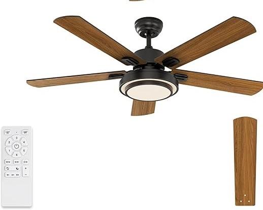 warmiplanet Indoor Ceiling Fans with Lights and Remote Control, 52 Inch, 6 Speeds Reversible DC Motor, 3 Color Dimmable Light, Timer, Noiseless, Black/Dark Walnut, 5-Blades