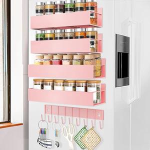SMRCAD Magnetic Spice Rack Organizer for Fridge Seasoning Organizer for Kitchen storage with Screw Magnetic Shelf with Hook for Refrigerator and Oven (4pack1hook-Pink)