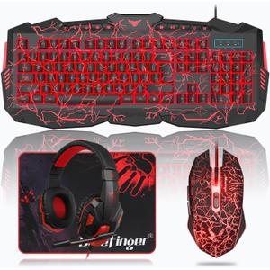 BlueFinger Gaming Keyboard Mouse Headset Combo, USB Wired Crack Backlit,114 Keys Letters Glow LED Keyboard, Red LED Light Headset for Laptop PC Computer Work and Game