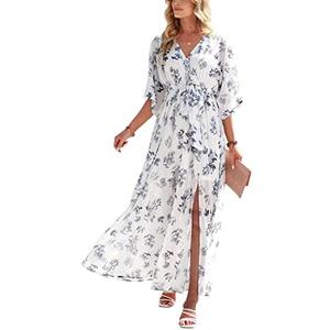 ANRABESS Women’s Summer Loose Boho Flowy Wrap V Neck 3/4 Sleeve Floral Print Slit Beach Wedding Guest Long Maxi Dresses XL