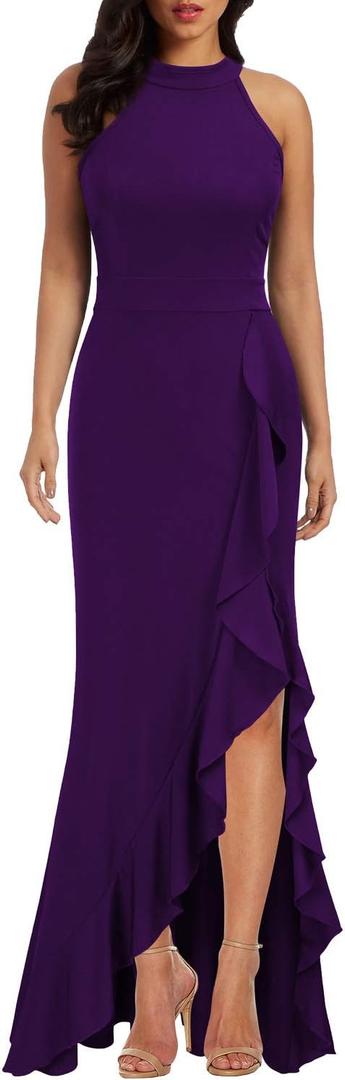 WOOSEA Women's High Neck Split Bodycon Mermaid Evening Cocktail Long Dress (L)