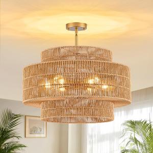23.6" Rattan Light Fixtures Ceiling Mount, 6-Light Boho Flush Mount Ceiling Light with 3-Tier Hand-Woven Drum Shade, Rustic Rattan Chandelier for Dining Room Living Room Kitchen Island Farmhouse Foyer