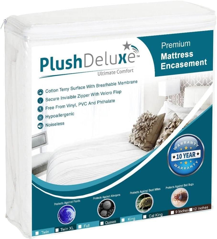 PlushDeluxe Twin Size Premium Mattress Encasement - Zippered Waterproof, Bedbug Proof Design, 6-Sided Protection - Hypoallergenic Cotton Terry Fabric 12-15" Depth