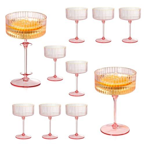 XUWAIDSGN 12 Pcs Champagne Martini Glasses 9 Oz with Gilded Removable Gold Rim Coupe Glasses Pink Martini Glasses Plastic Mimosa Vintage Coupe Glasses Set For Wedding Anniversary (12, Ribbed Pink)