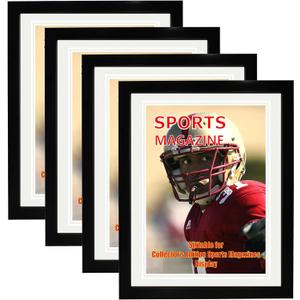 4 Pack Sports Magazine Frame Fits Measuring 8.5 x 11.25 or 8.25 x 11 Inch Magazine Display Frame with Installed Hangers and Double White Core Matting Wall Hanging