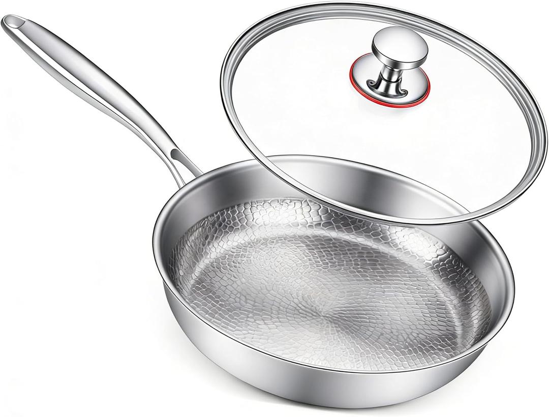 Titanium Pan for Cooking - Titanium Alloy, No Coating Titanium Cookware Frying Pan Hammered Pans Safe Durable Scratch-Resistant Compatible with All Cooktops (11.81in)