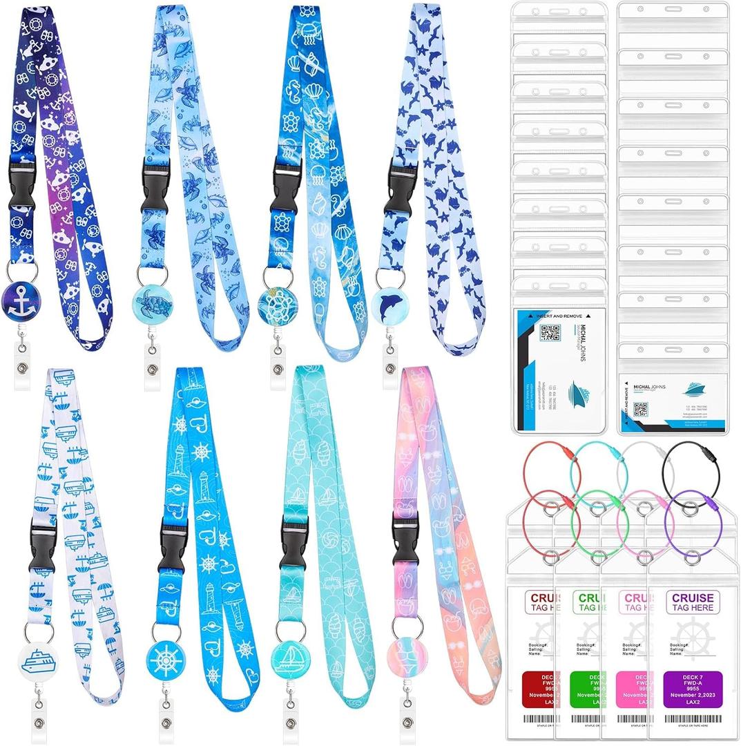 8 Pack Cruise Lanyards Set for Ship Cards, with Retractable Badge Reel Waterproof Luggage Tag Holders Id Card Holders, Sea-Themes Pattern for All Cruises Ticket Key Cards Luggage Tag (Blue)