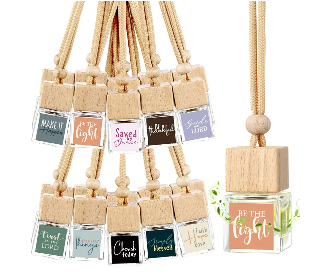 Teenyyou 10 Pcs Christian Appreciation Gifts for Church Christian Car Hanging Ornament Empty Glass Essential Oil Diffuser Religious Inspirational Biblical Gifts for Women School Church Supplies