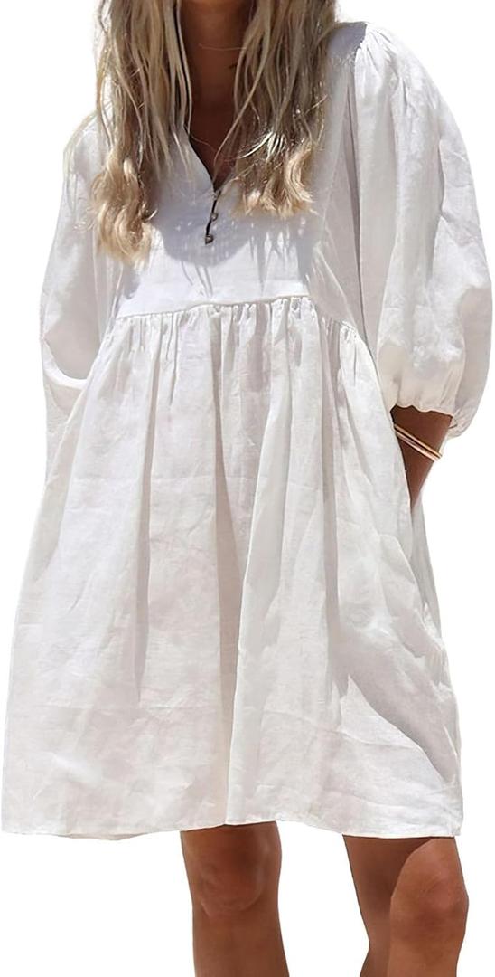 chouyatou Women's Summer Puff Sleeve Cotton Tunic Dress V-Neck Mini Vacation Babydoll Dress (White, XL)