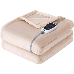 Sealy Electric Blanket Heated Throw, Soft Flannel Heated Blanket with 6 Heating Settings & 210 Hours Auto Shut Off, Fast Heating & Machine Washable, 50x60 Inch, Beige