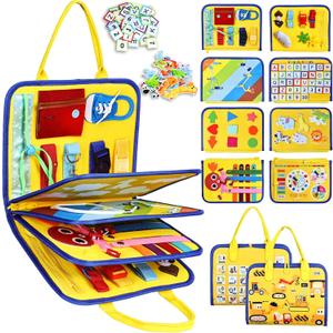 Esjay Toddler Busy Board Montessori Toys for Boys Girls, Sensory Book Educational Activities for Learning Fine Motor Skills, Birthday Gifts for Toddlers, Travel Toys for Airplane Car, Yellow Truck