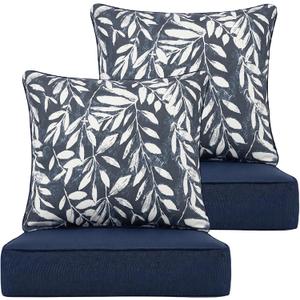 Deep Seat Cushion 22x24 2 Set (4 Pcs) for Outdoor Furniture, Water Repellent Fade Resistant Patio Cushions for Sofa, Chair, Lounge, Blue Leaves/Floral