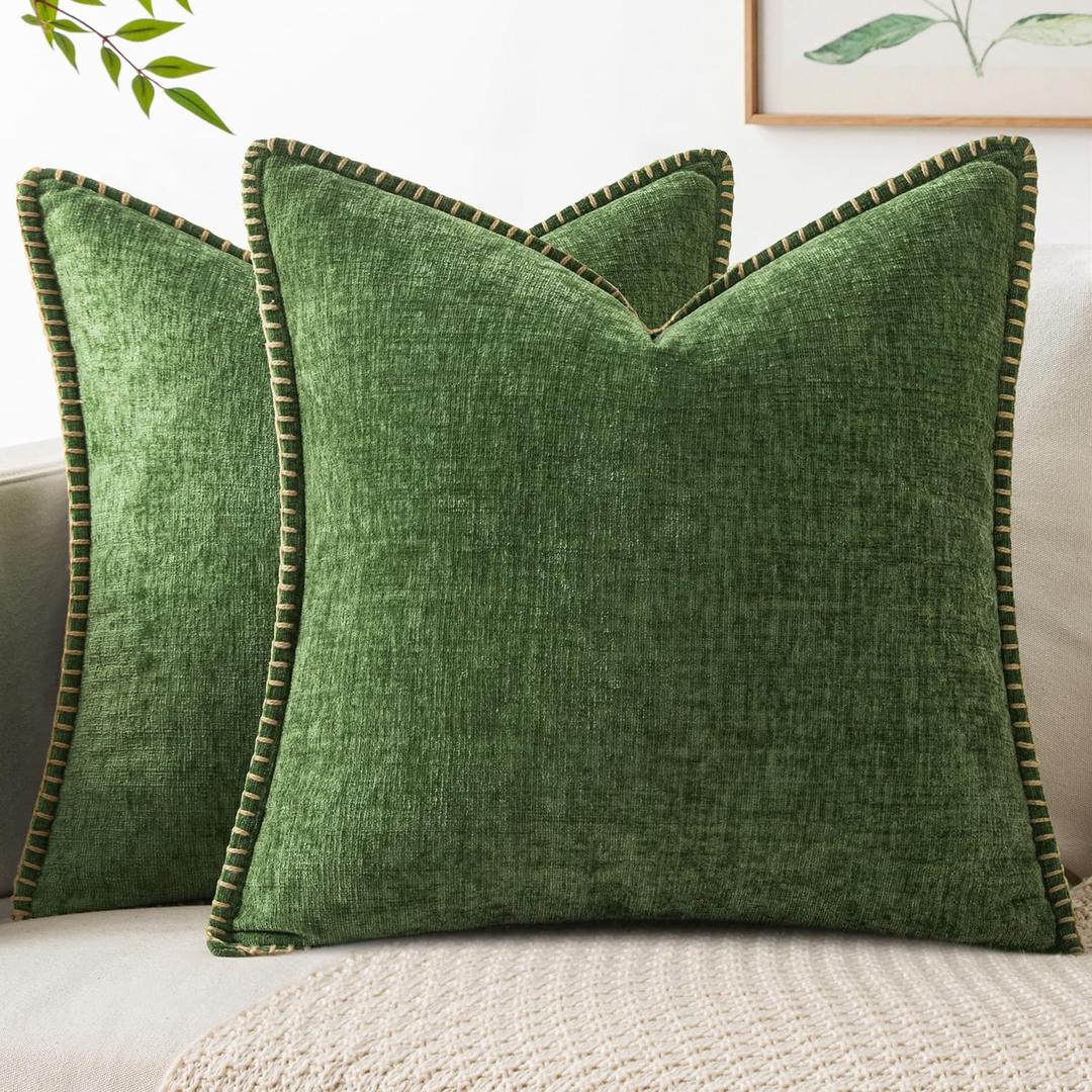 MIULEE Pack of 2 Couch Pillow Covers 18x18 Inch Moss Green Farmhouse Decorative Throw Pillow Covers with Stitched Edge Soft Chenille Solid Dyed Pillow Covers for Sofa Bed Living Room, Forest Green