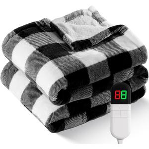Electric Heated Sherpa Buffalo Plaid Christmas Throw Blanket with 8 Heating Levels & 8 Hours Auto Off, Fast Heating Warm Plush Washable Blanket with Over-Heat Protection, ETL Certification, Black (Throw-50" x 60")