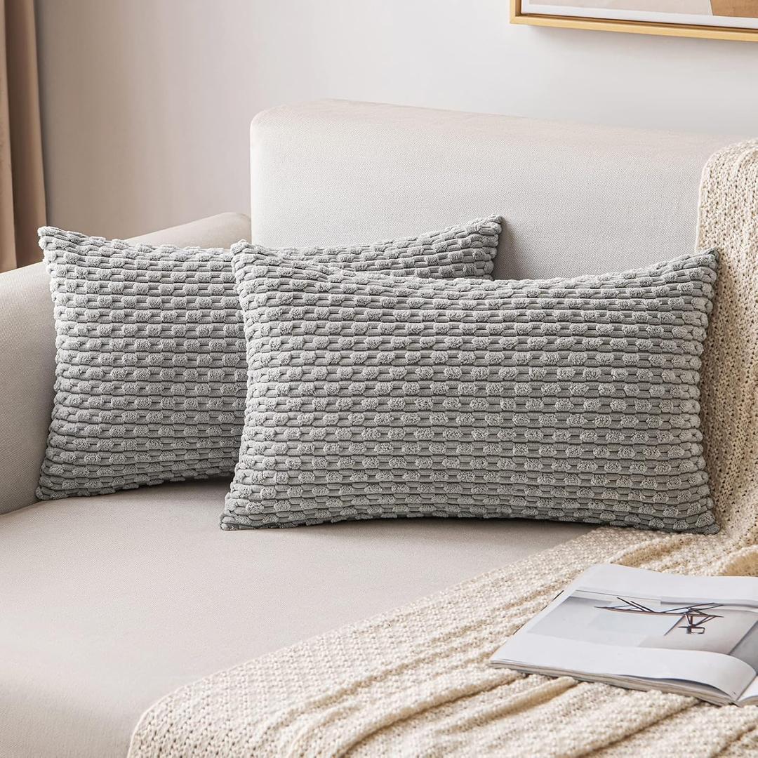 MIULEE Throw Pillow Covers Soft Corduroy Decorative Set of 2 Boho Striped Pillow Covers Pillowcases Farmhouse Home Decor for Couch Bed Sofa Living Room 12x20 Inch Light Grey
