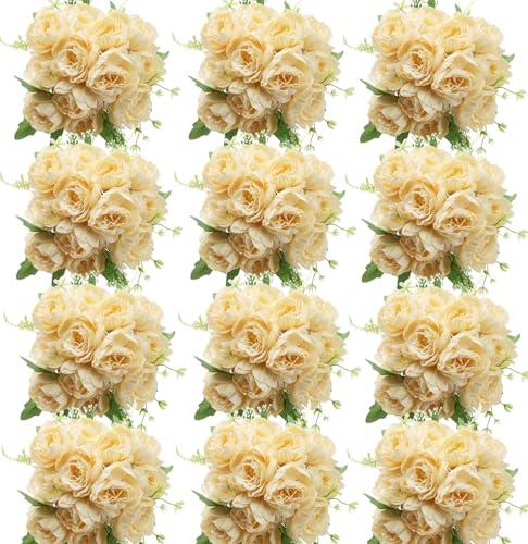 Nagobi 12 Bundles Fake Artificial Peonies Silk Flowers Fake Peony Bouquet Faux Peonies Flowers Bulk for Decoration Florals Arrangements Wedding Home Party Table (Champagne)