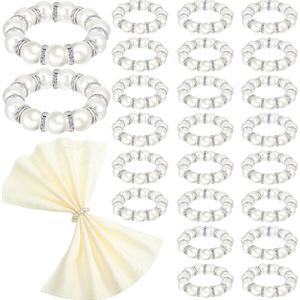 24 Pcs Silver Pearl Napkin Rings - Beaded Weddings Serviette Rings for Dinner Reception Party Banquet Table Decor