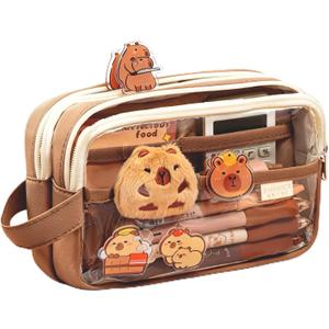 Large Capacity Clear Pencil Case, Waterproof Multi-Layer Pencil Pouch with Capybara Plush and Stickers,Office Supplies Desk Organizer, Big Pen Case for Adults, Cosmetic Bag Travel Stationery Holder