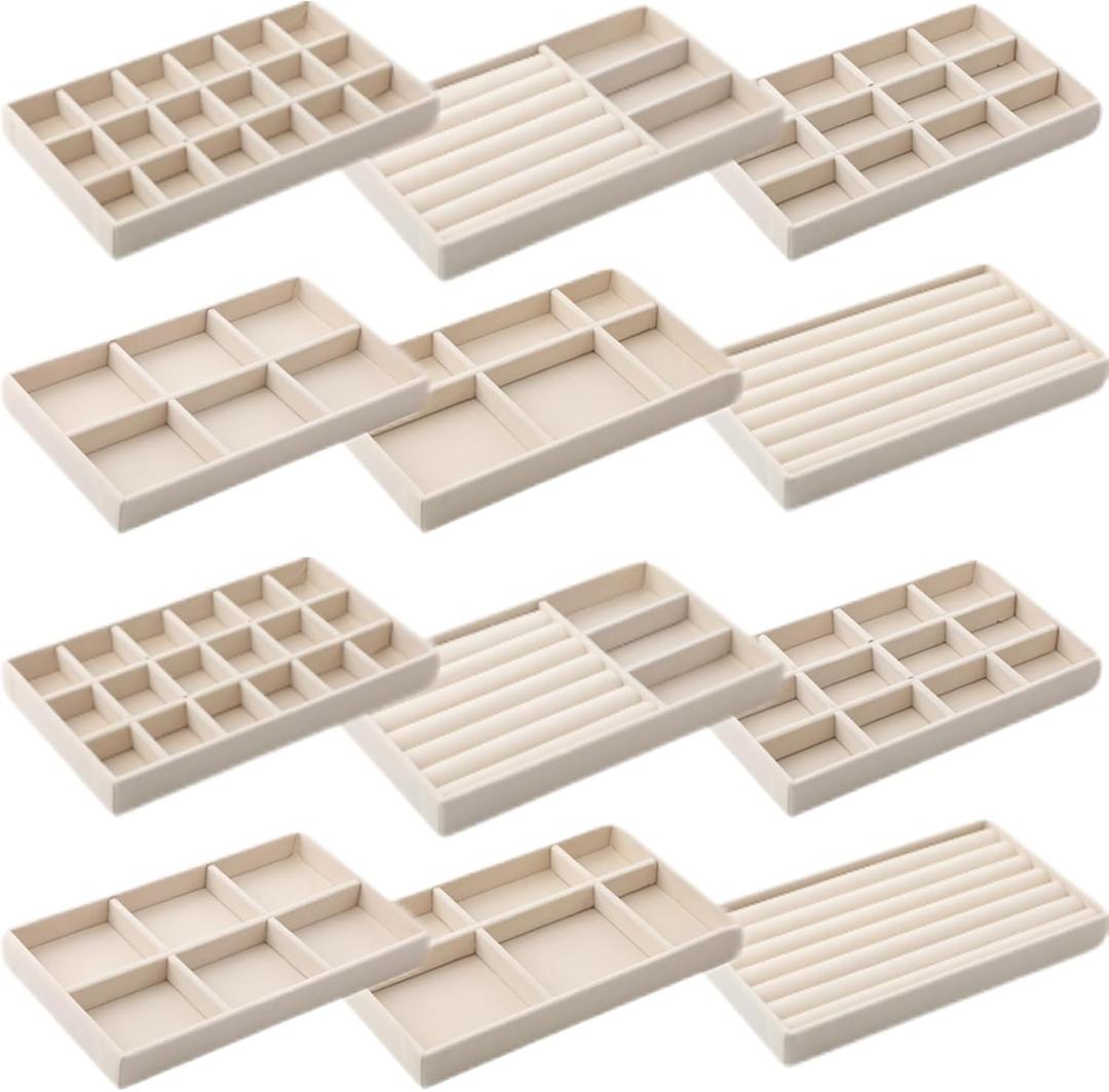 Inbagi 12 Pcs Small Velvet Jewelry Tray Stackable Jewelry Organizer Drawers Insert Divided Storage Display Trays for Earring Ring Brooch Watch Necklace Bracelet 8.3 x 5 x 1 Inches