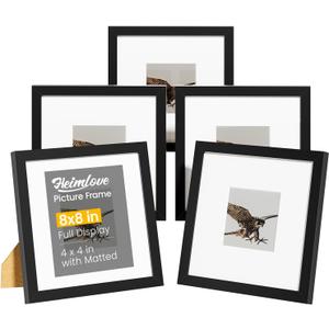 8x8 Picture Frame Set of 5,Display 4x4 Pictures with Mat or 8x8 without Mat, Black 4x4 Photo Frames Tabletop or Wall Mount Display for Poster Diploma Certificate Document Prints Photos Paintings