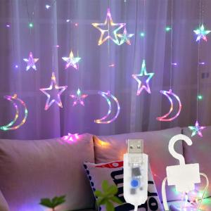 138 Led Curtain String Light Star Moon Icicle Light with 8 Lighting Modes with Timer Remote USB Operated Dimmable Fairy String for Window Wall Home Decoration (Multicolor)