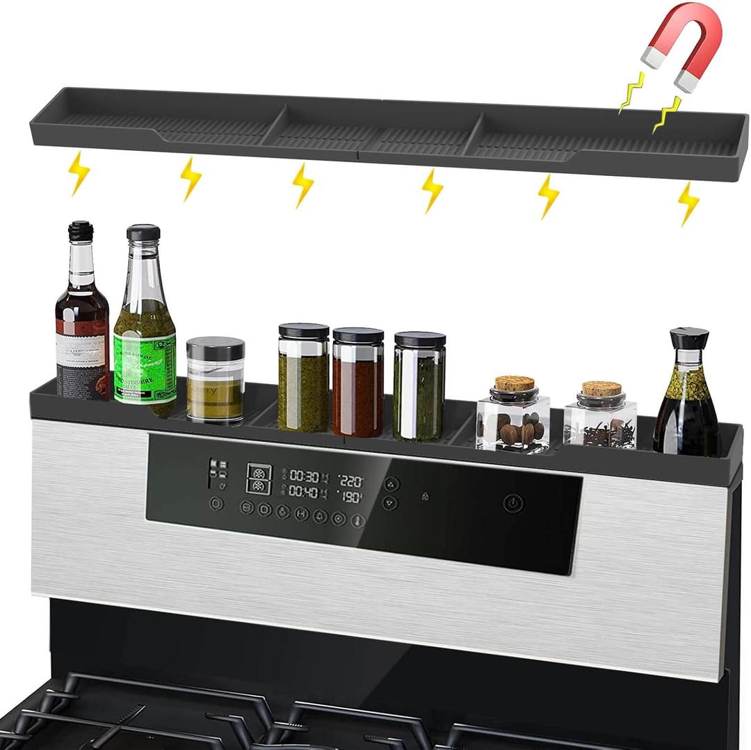 Silicone Stove Top Shelf - 30" Magnetic Over Stove Top Shelf with Zero Installation - Spice Rack with Partition and Perimeter Fence (Black)
