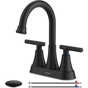Bathroom Faucets for Sink 3 Hole, Hurran 4 inch Matte Black with Pop-up Drain and 2 Supply Hoses, Stainless Steel Lead-Free 2-Handle Centerset Faucet for Sink Vanity