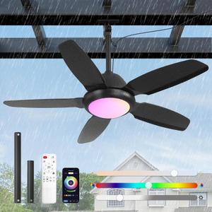 Fanbulous 42 Inch RGB Waterproof Outdoor Ceiling Fan with Lights,APP & Remote Control,IP65 Hanging Gazebo Fan with 3CCT 6-Speed DC Motor,Black Wet Rated Plug in with Cord for Patios Porch Pergola