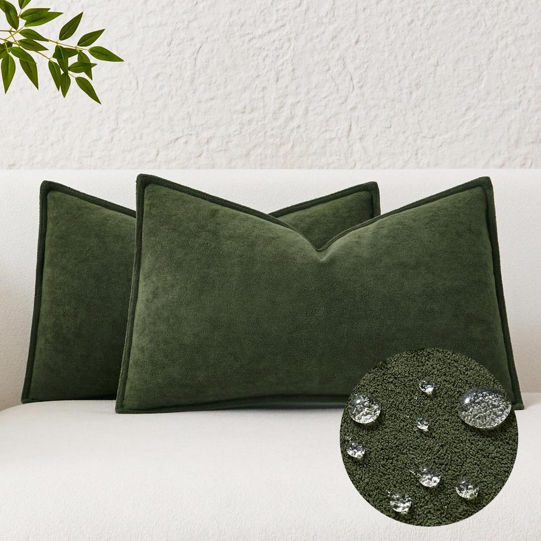 Kevin Textile Spring Waterproof Decorative Pillow Covers Moss Green 12x20 Inch Pack of 2 Soft Boucle Textured Lumbars Cushions Elegant Accent Pillows for Couch Sofa Chair Bed Indoor Outdoor