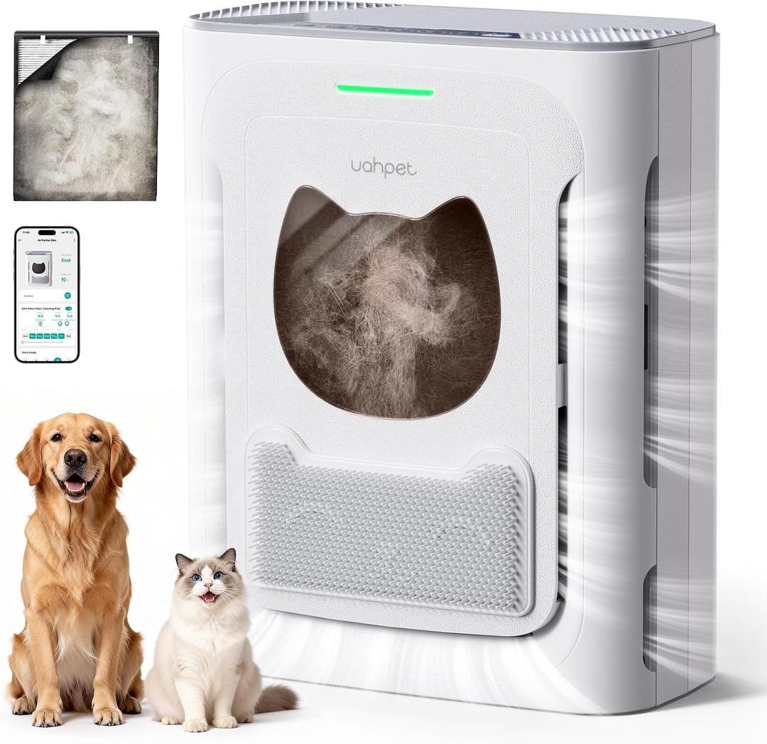 uahpet Pet Air Purifier for Home, Reduce Pet Hair, Dander, Odors, Dust, Smoke for Large Rooms up to 2100 Ft, Air Cleaner with H13 HEPA, Washable Pre-Filter & Air Quality Monitor, White+Gray