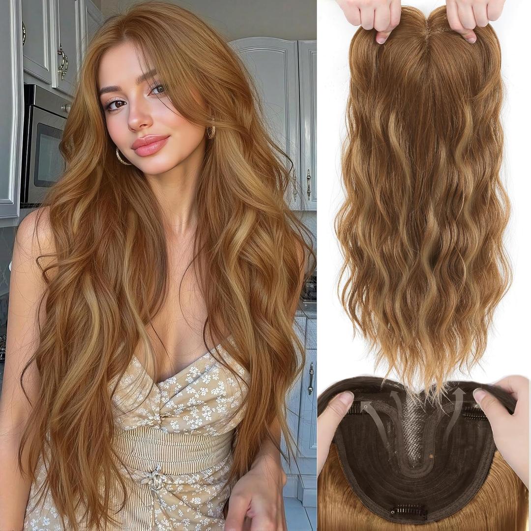 Hair Toppers for Women, 20 Inch Hand Tied Breathable Toppers Hair pieces for Women with Thinning Crown Curtain Bangs Mix Human Hair Clip in Curly Lightweight Wiglets(Honey Brown)