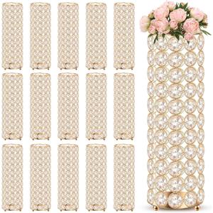 Dandat 16 Pcs Crystal Flower Vase Table Centerpieces 10.24 Inch Tea Light Candle Holders Wedding Crystal Cylinder Flower Vases for Table Room Home Wedding Party Events Decor (Gold)