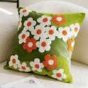 18x18 Inch Green Tufted Throw Pillow Cover, Boho Retro Daisy Floral Yarn Embroidered Decorative Pillow Case, Spring Summer Aesthetic Home Decor for Couch, Sofa, Bed, Living Room Bedroom