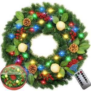 24 Inch Prelit Artificial Christmas Wreath with Lights,Lighted Xmas Wreaths for Front Door with 60 LED Battery Operated 8 Modes Remote Control Timer,Indoor Outdoor Wall Christmas Decorations