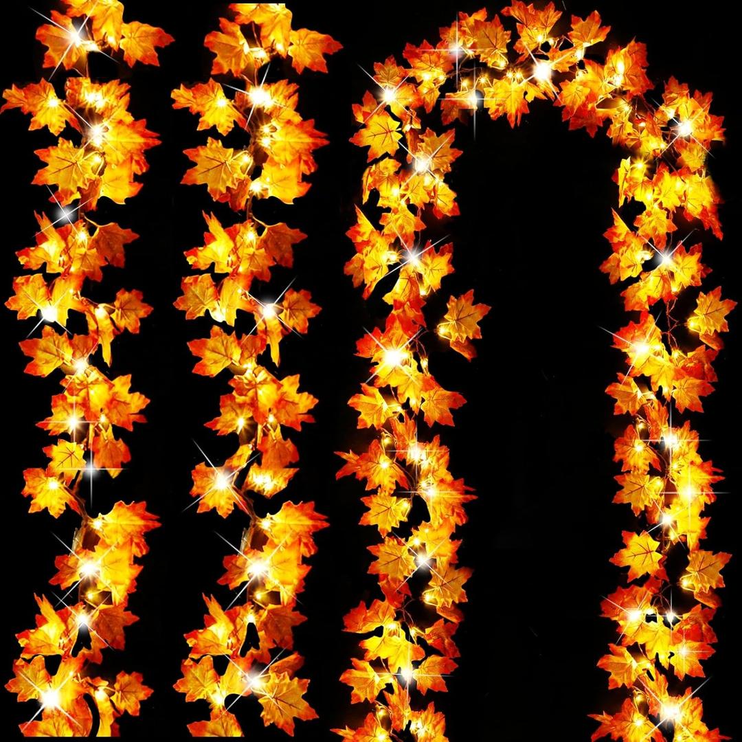 Timer&3 Pack-30Ft Fall Garland Thanksgiving Decorations for Home, 60LED Thanksgiving Lights Patented Realistic Maples Leaf Garland Battery Operated Waterproof Indoor Outdoor Christmas Halloween Decor