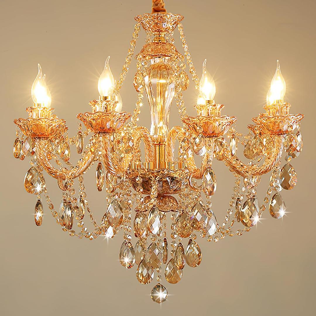 Champagne 8 Lights K9 Crystal Candle Chandeliers Lighting Candle Chandelier Lighting Modern Pendant Lights for Dining Living Room Bedroom Entry Elegant Decoration E12 Base, H22.8 x W27.2 Inch