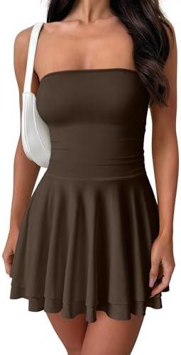 OQQ Women's Mini Dress Summer Cocktail Tube Ruched Waist Ruffle Corset Party A-line Dresses, Medium, Dark Brown
